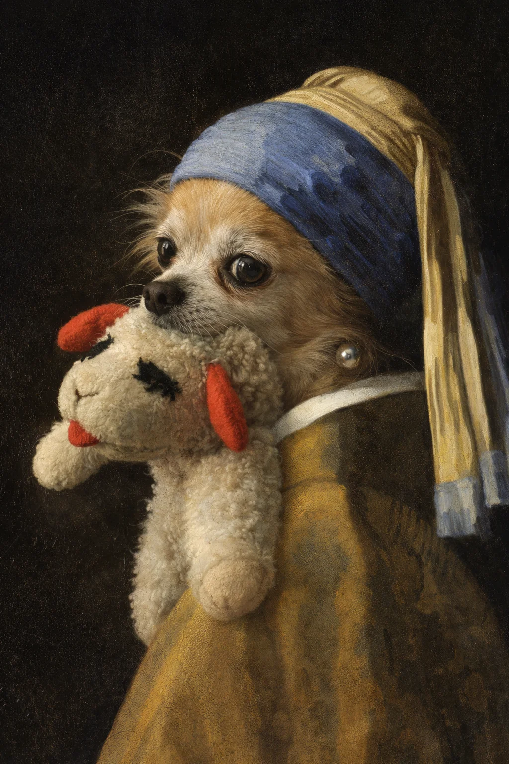 me as vermeer's girl with the pearl earring, holding lamb chop
