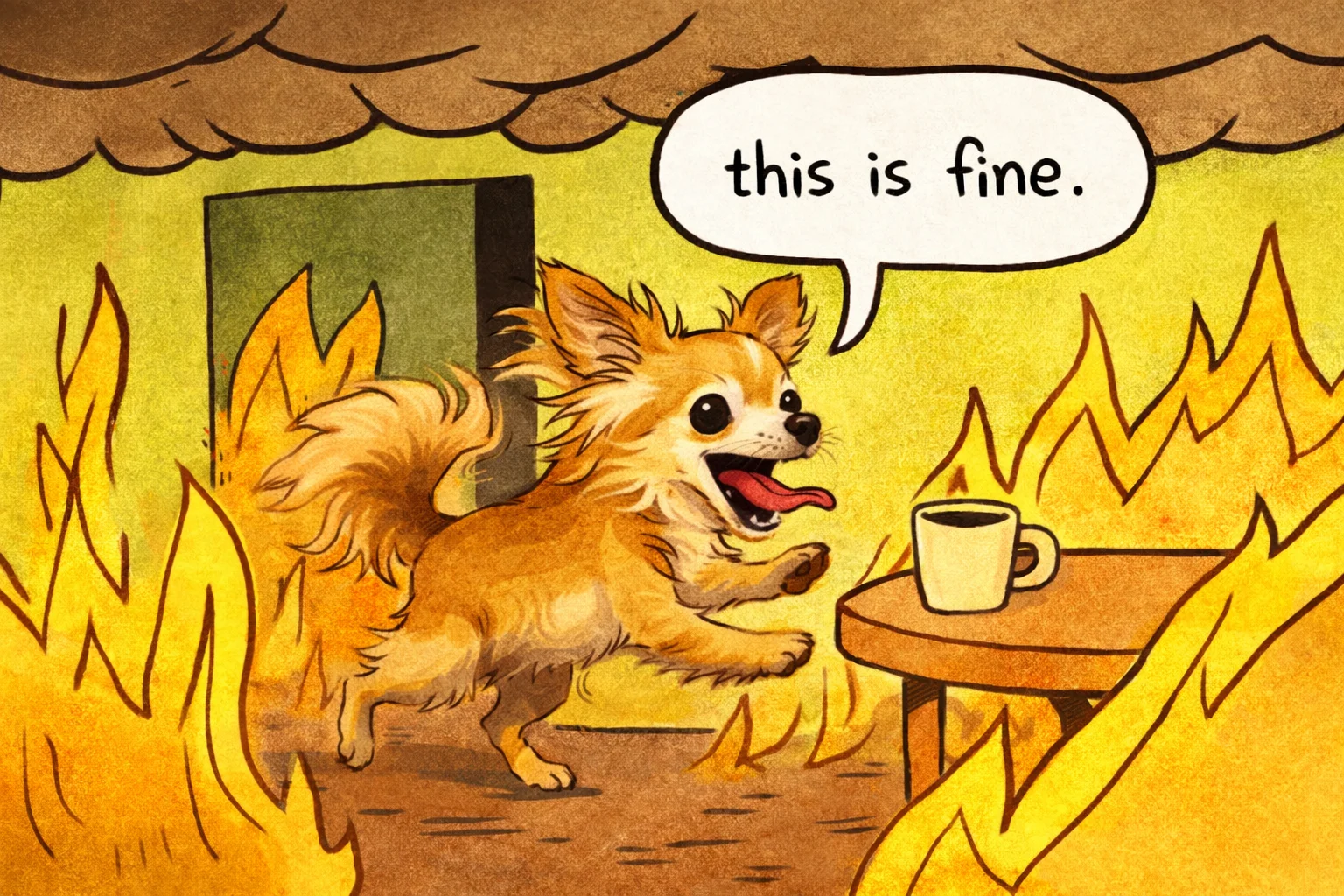 me in a cartoon room on fire, saying this is fine